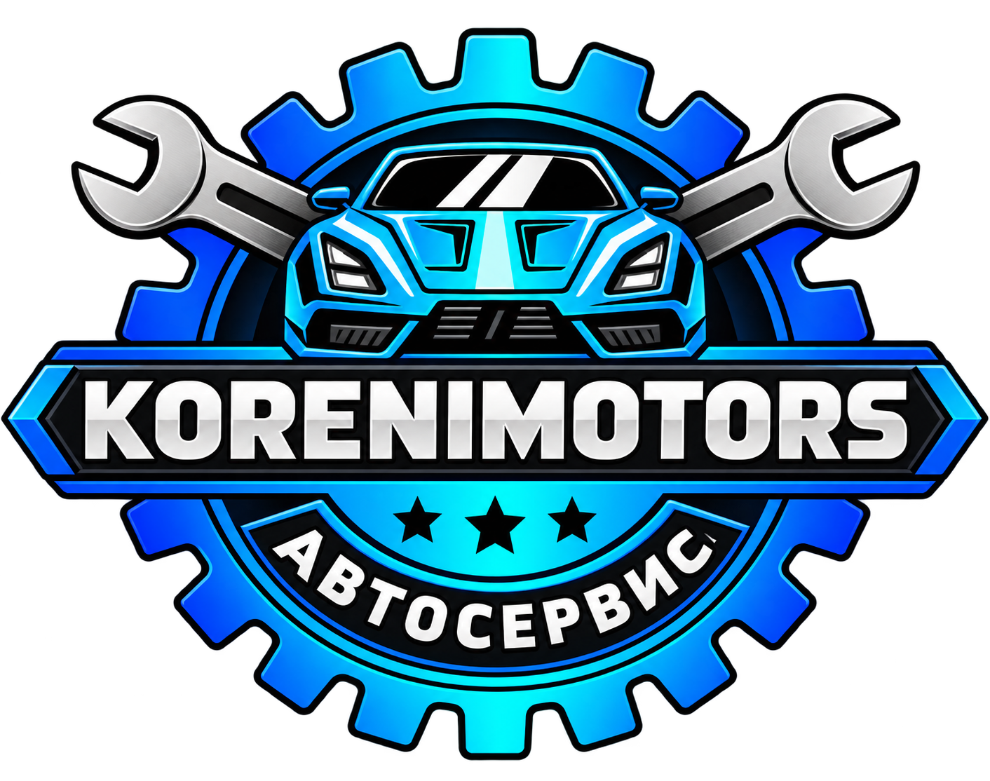 Эмблема КорениМоторс: автомобиль, шестерня и инструменты